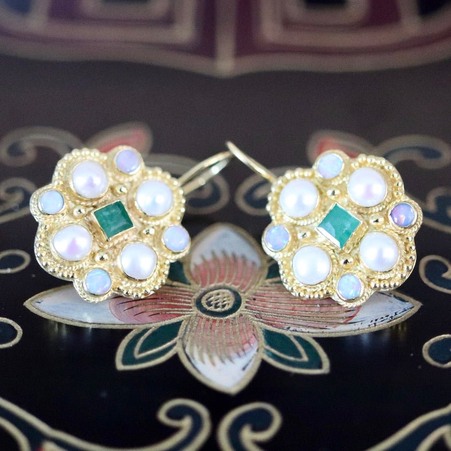 Lady Brighten 14k Gold, Emerals, Pearl and Opal Earrings