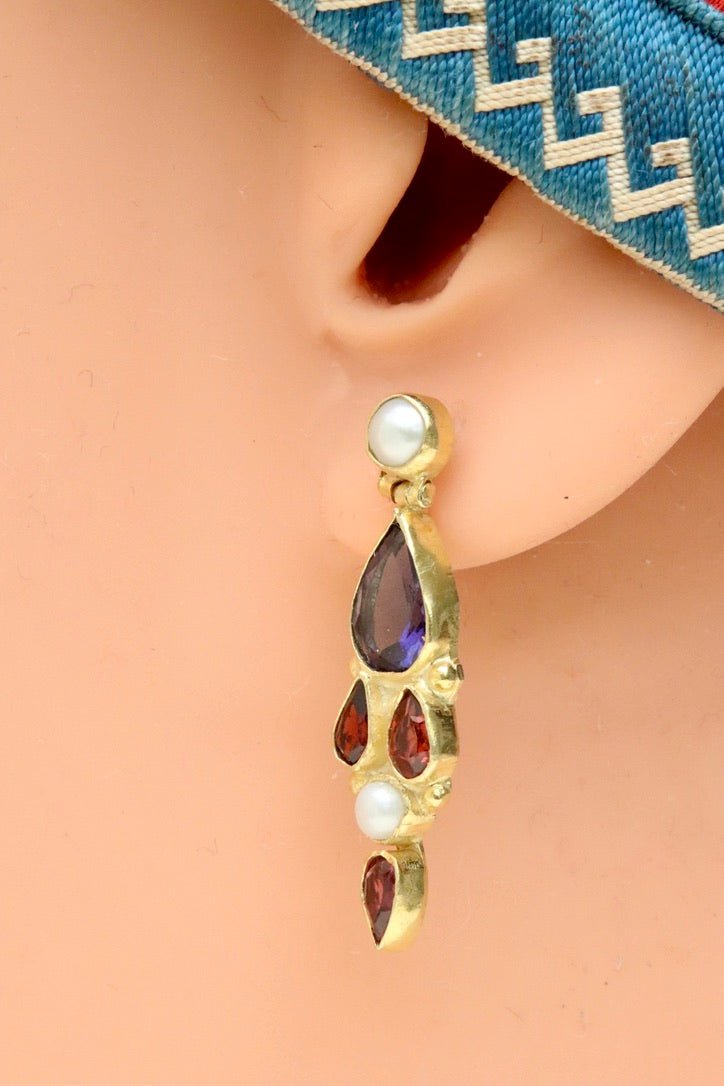 Lady Chatterley 14k Gold, Iolite, Garnet and Pearl Earrings