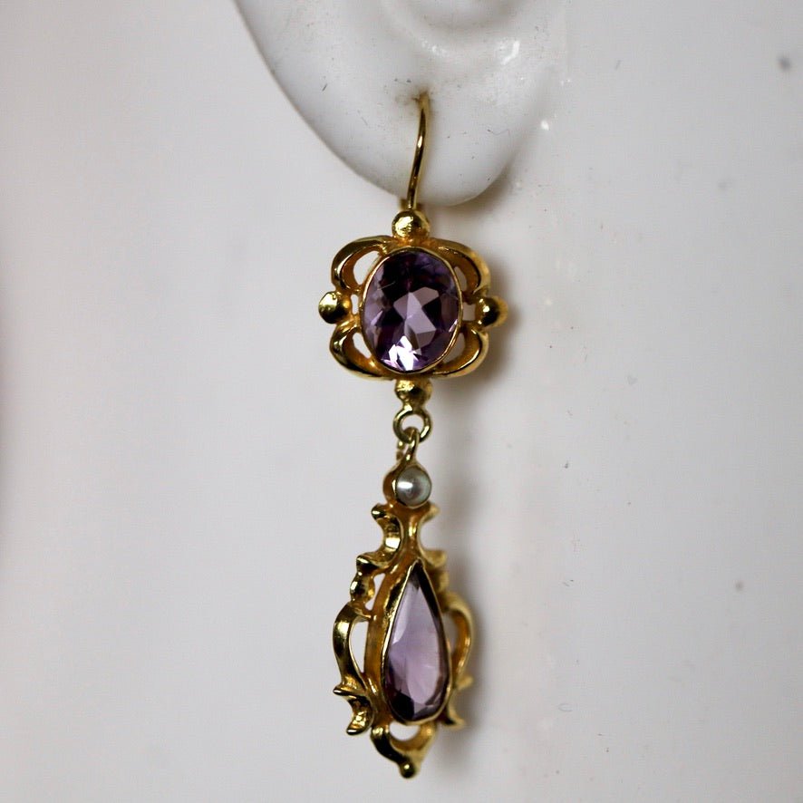 Lady Shalott 14k Gold, Amethyst and Pearl Earrings