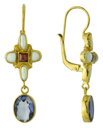 Marseille 14k Gold, Iolite, Garnet and Pearl Earrings