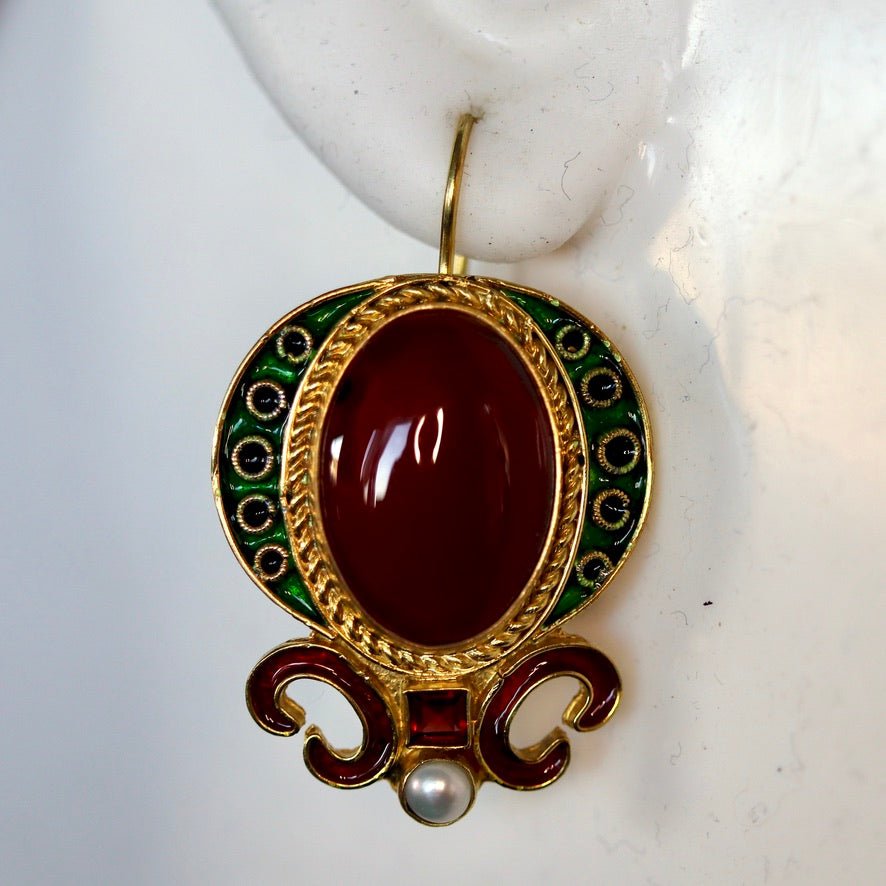 Medici 14k Gold, Carnelian, Garnet and Pearl Earrings