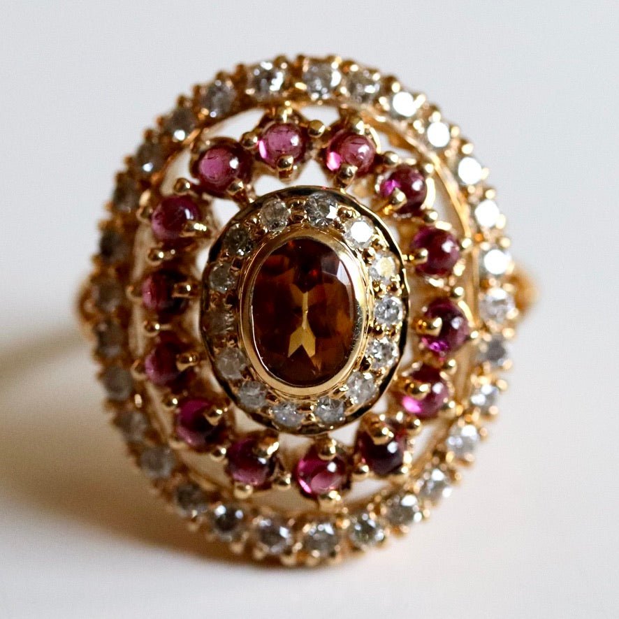 Morgan Le Fay 14k Gold, Citrine, Garnet and Diamond Ring