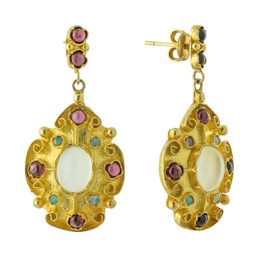 Mughal Moonstone, Garnet and Opal Earrings
