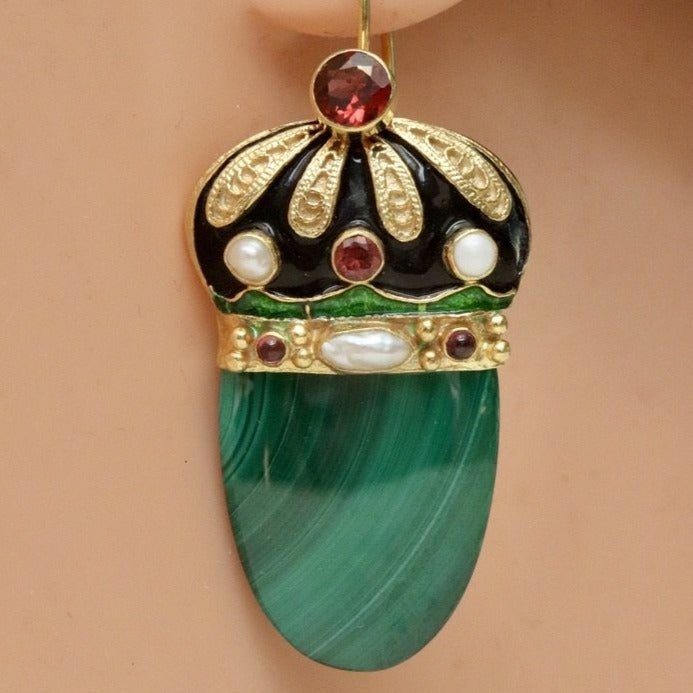 Nicholas I 14k Gold, Malachite, Garnet and Pearl Earrings