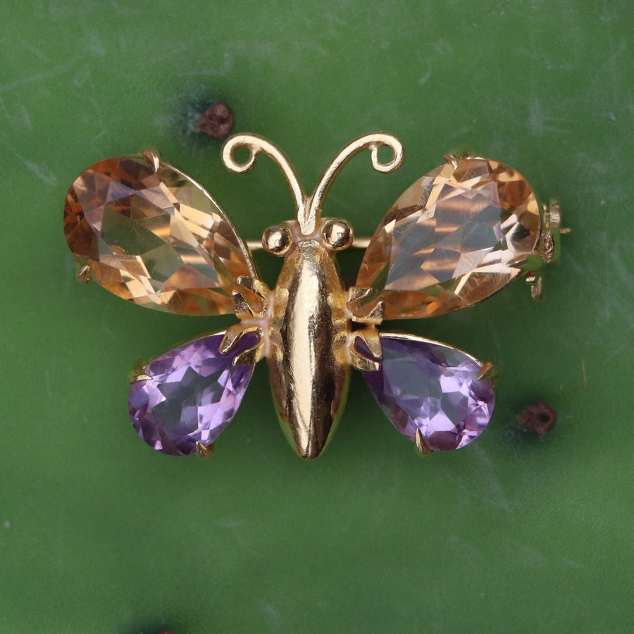 Nouveau Citrine and Amethyst Butterfly Pin