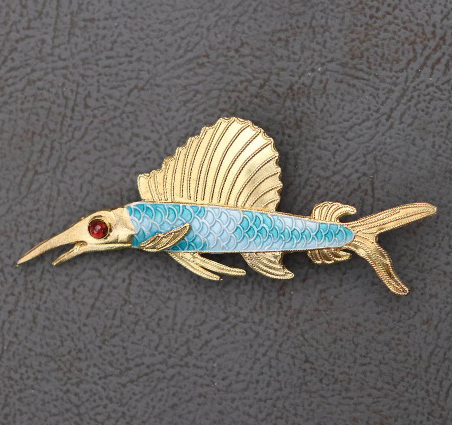 Nouveau Flying Fish Garnet Pin
