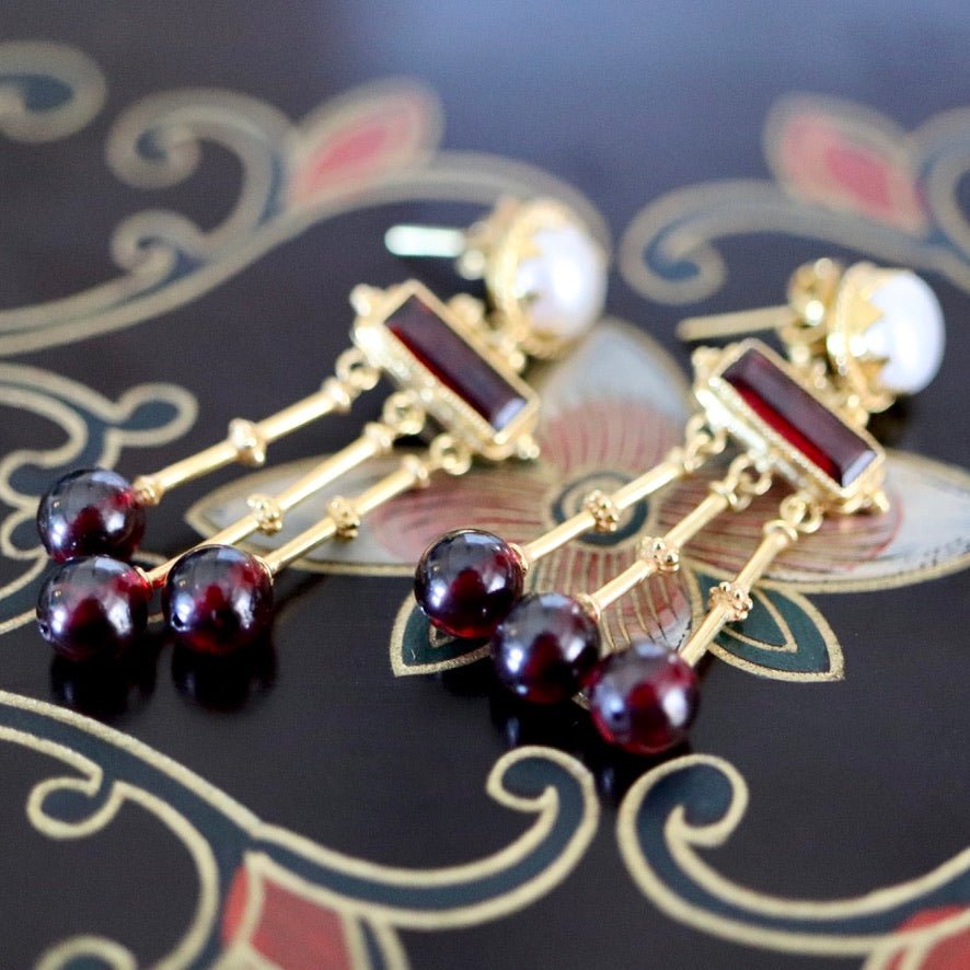 Orient Express 14k Gold, Garnet and Pearl Earrings
