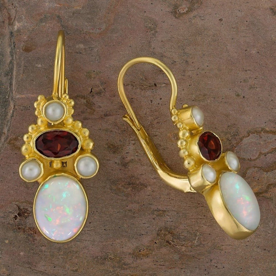 Polly Peachum Opal, Garnet and Pearl Earrings