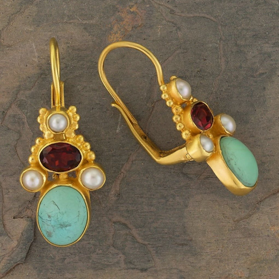 Polly Peachum Turquoise, Garnet and Pearl Earrings