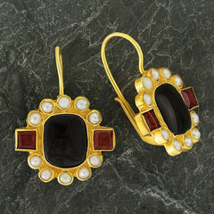 Queen Elinor Onyx, Garnet and Pearl Earrings