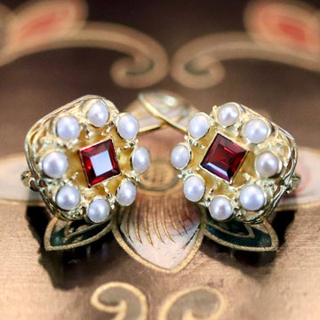 Rose Red 14k Gold, Garnet and Pearl Earrings