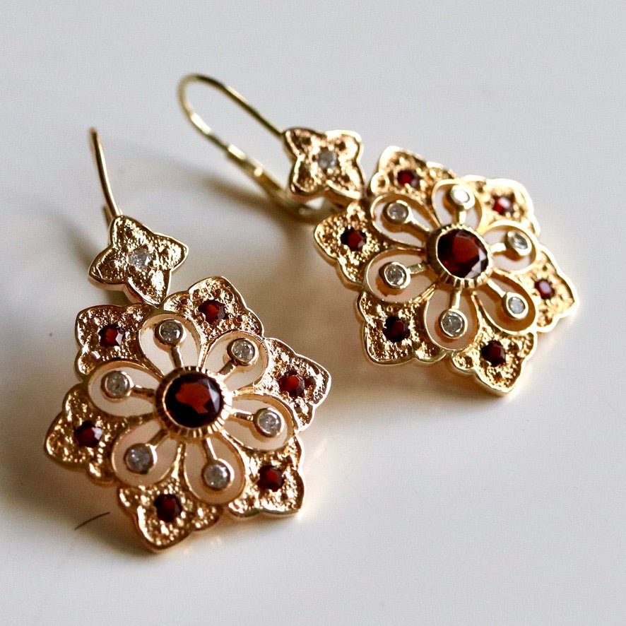 Snowflake 14k Gold, Garnet and Diamond Earrings
