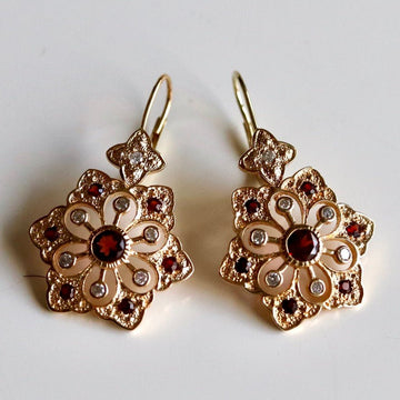 Snowflake 14k Gold, Garnet and Diamond Earrings