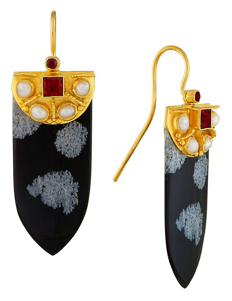 Snowflake Obsidian Shield Earrings