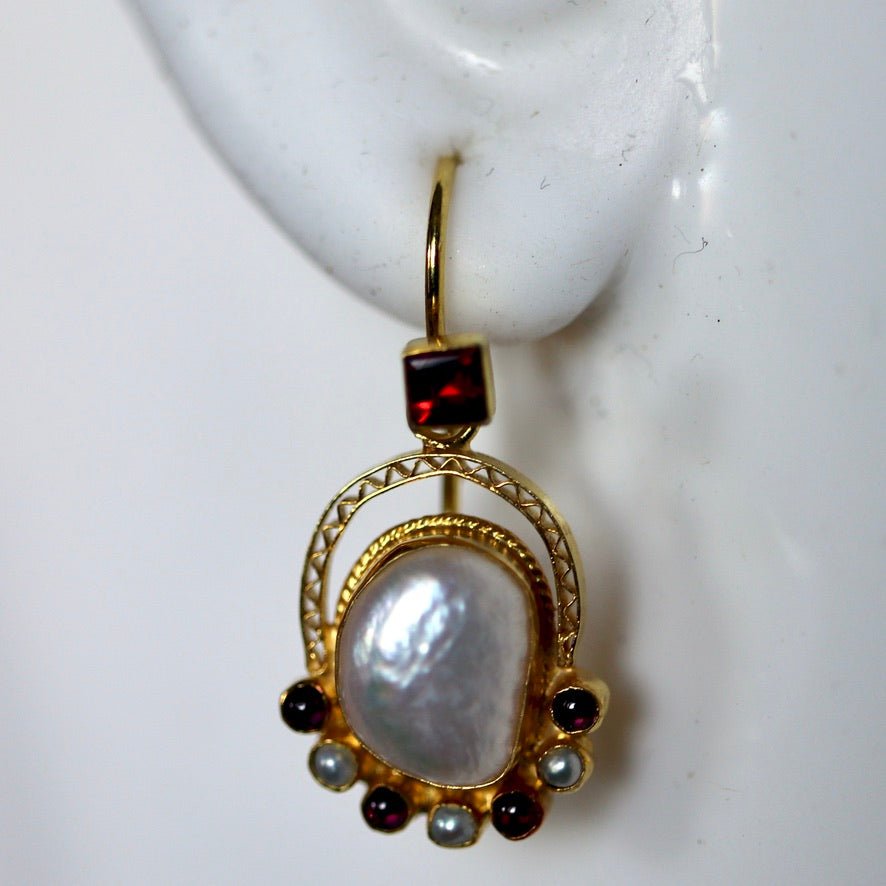 Sotherby 14k Gold, Pearl and Garnet Earrings