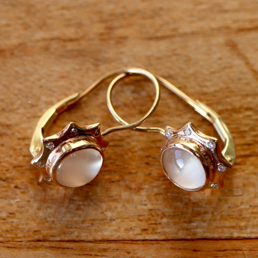 Sun and Moon 14k Gold, Moonstone and Diamond Earrings