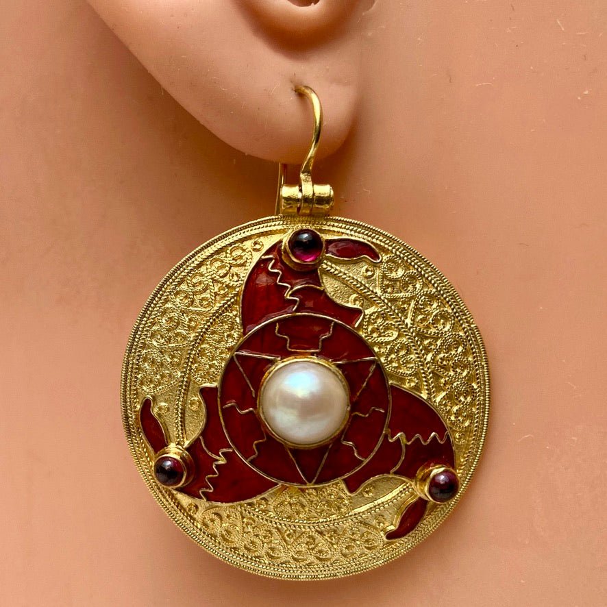 Sutton Hoo Triskelion Pearl and Garnet Earrings