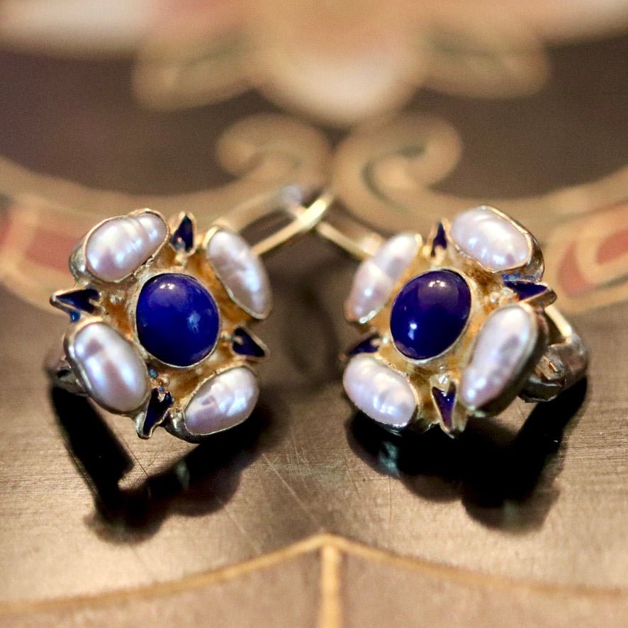 Tudor 14k Gold, Lapis and Pearl Earrings