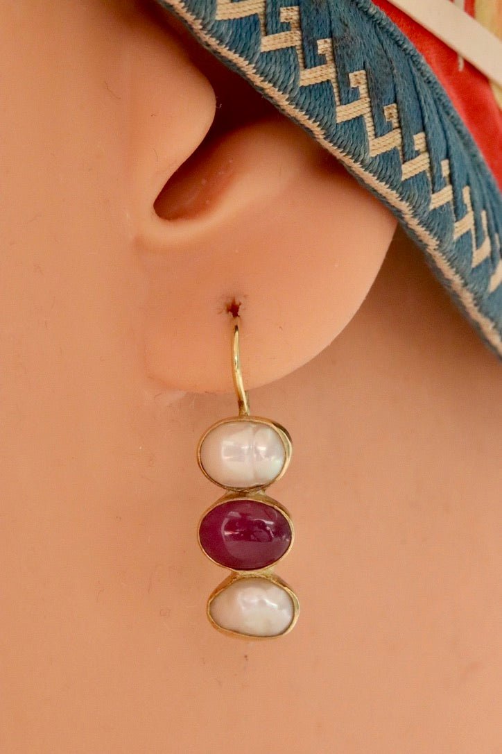 Twilight 14k Gold, Ruby and Pearl Earrings