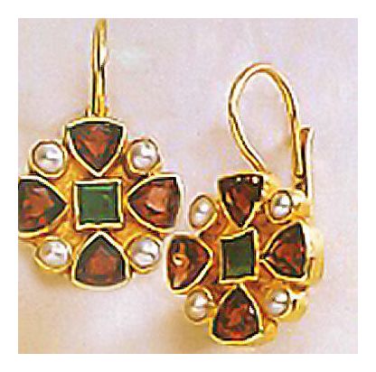 Valois Cross Garnet, Emerald and Pearl Earrings