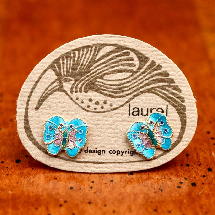 Vintage Laurel Burch Baby Blue Butterfly Gold-Vermeil Studs