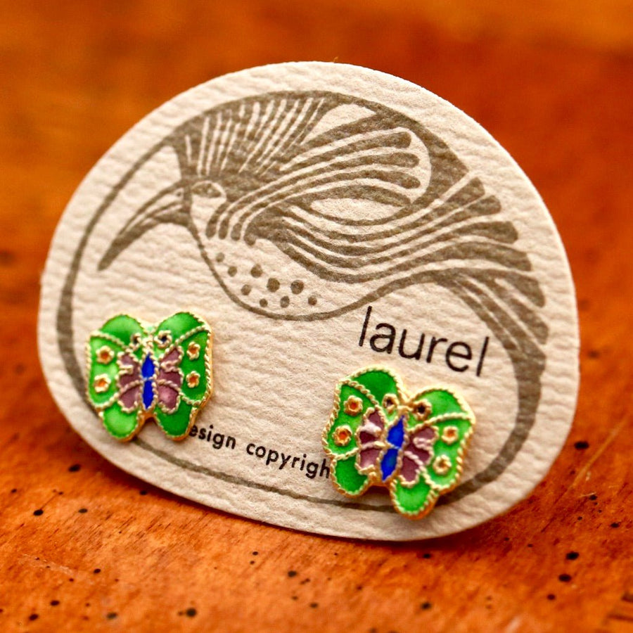 Vintage Laurel Burch Butterfly Green and Purple Gold-Vermeil Studs
