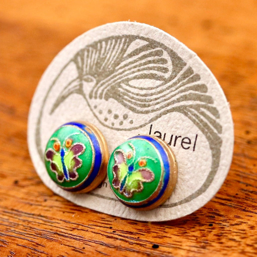 Vintage Laurel Burch Butterfly Green Gold-Vermeil Button Studs