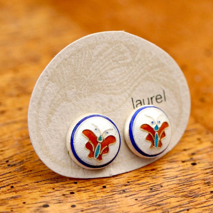 Vintage Laurel Burch Butterfly White Gold-Vermeil Button Studs