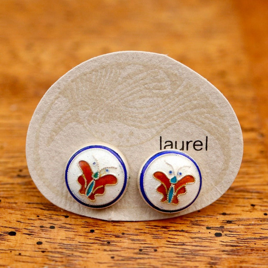 Vintage Laurel Burch Butterfly White Gold-Vermeil Button Studs