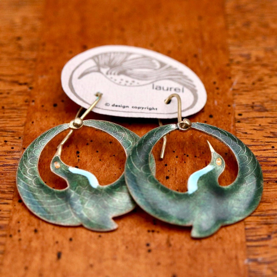 Vintage Laurel Burch Green Arched Crane Gold-Vermeil Earrings