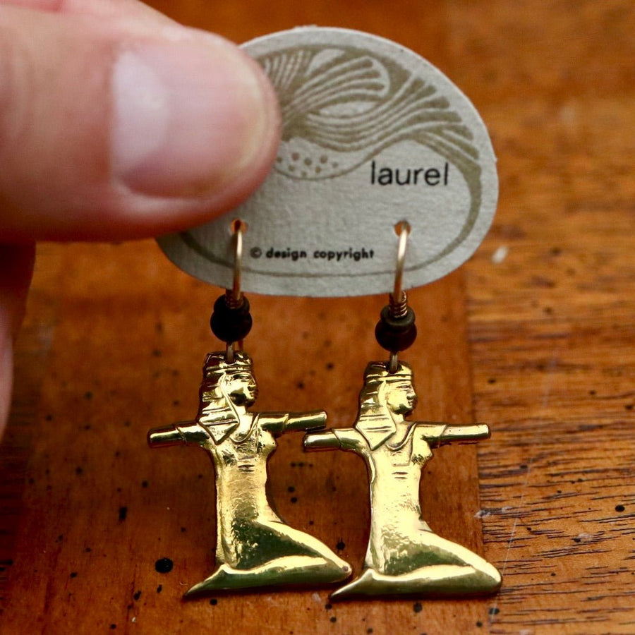 Vintage Laurel Burch Kneeling Isis Gold-Plate Earrings