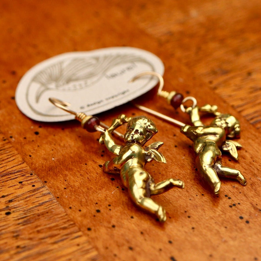 Vintage Laurel Burch Large Cherub Gold-Plate Earrings