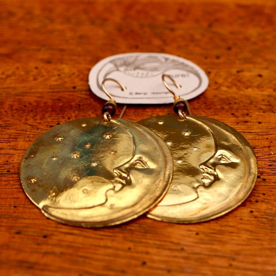 Vintage Laurel Burch Large Moonface Gold-Plate Earrings