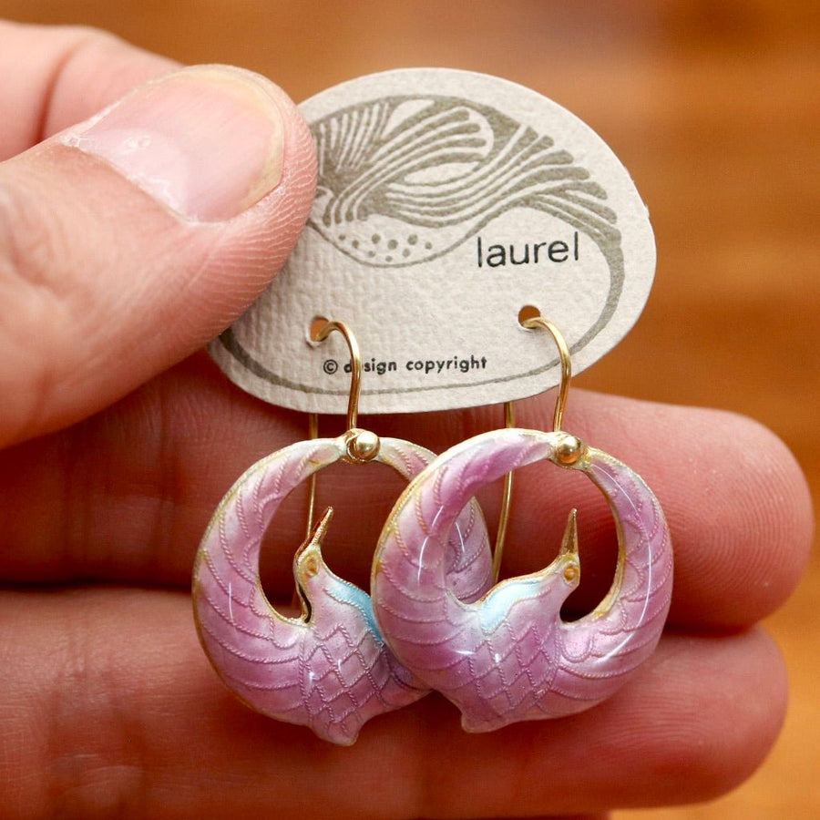 Vintage Laurel Burch Miniature Arched Crane Pink Vermeil Earrings