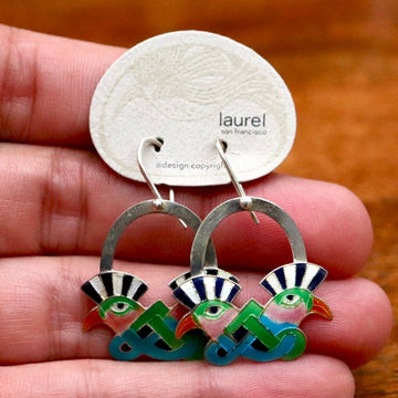 Vintage Laurel Burch Mohawk Bird Black and Turquoise Silver Earrings