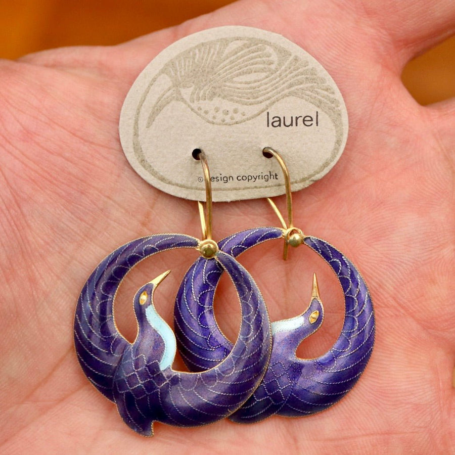 Vintage Laurel Burch Purple Arched Crane Gold-Vermeil Earrings