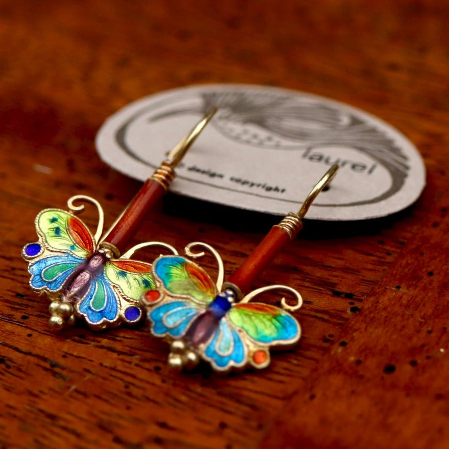 Vintage Laurel Burch Red Butterfly Gold-Vermeil Earrings
