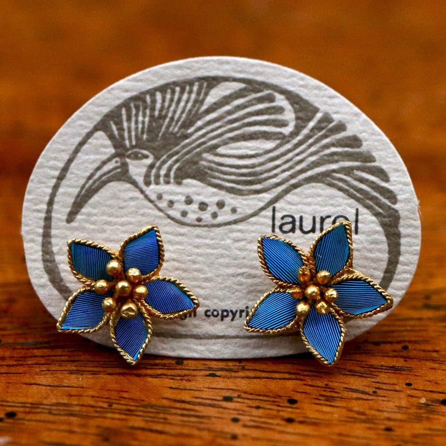 Vintage Laurel Burch Small Tian-Tsui (點翠) Flower Gold-Vermeil Studs