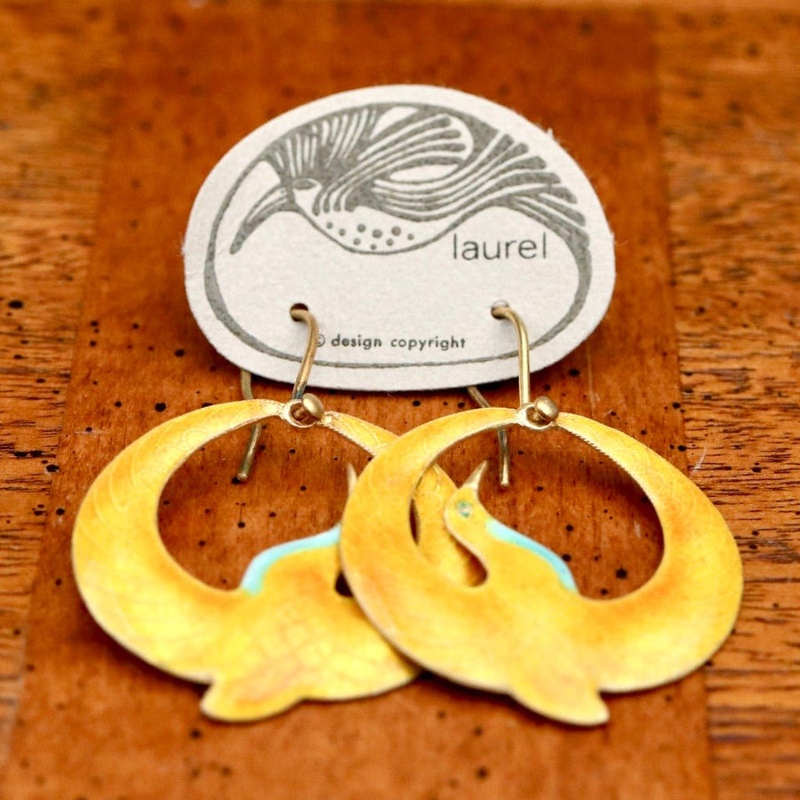 Vintage Laurel Burch Yellow Arched Crane Gold-Vermeil Earrings
