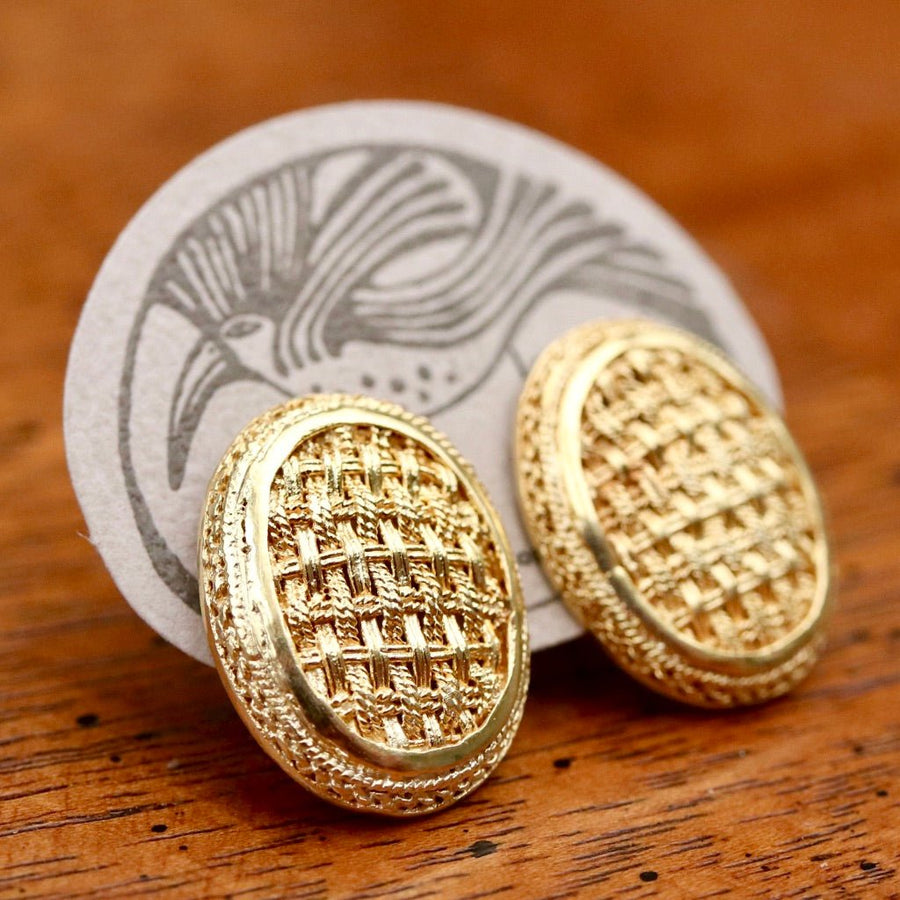 Vintage Laurel Inc. Basket Weave Oval Gold-Plate Earrings