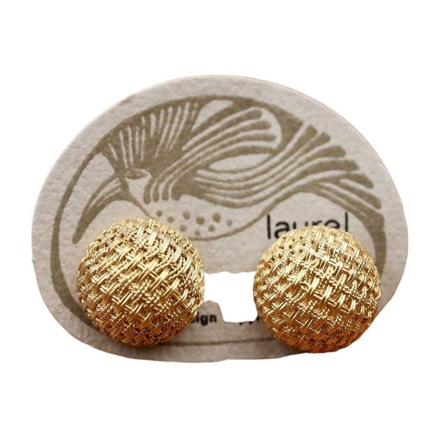 Vintage Laurel Inc.  Basket Weave Round Gold-Plate Silver Earrings