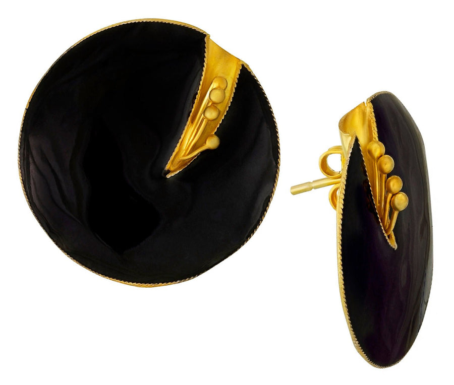 Vintage Laurel Inc Black Flower Gold-Vermeil Earrings