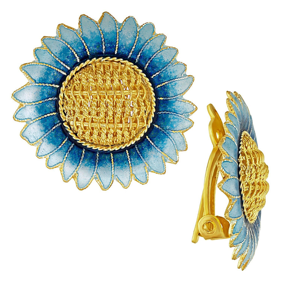 Vintage Laurel Inc Blue Sunflower Clip Back Earrings