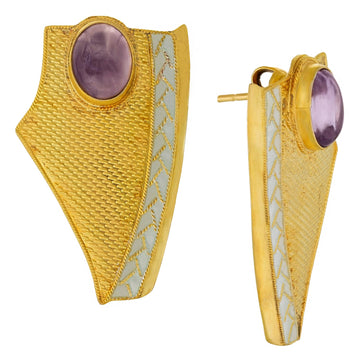 Vintage Laurel Inc Byzantine Shield Eggshell Amethyst Earrings