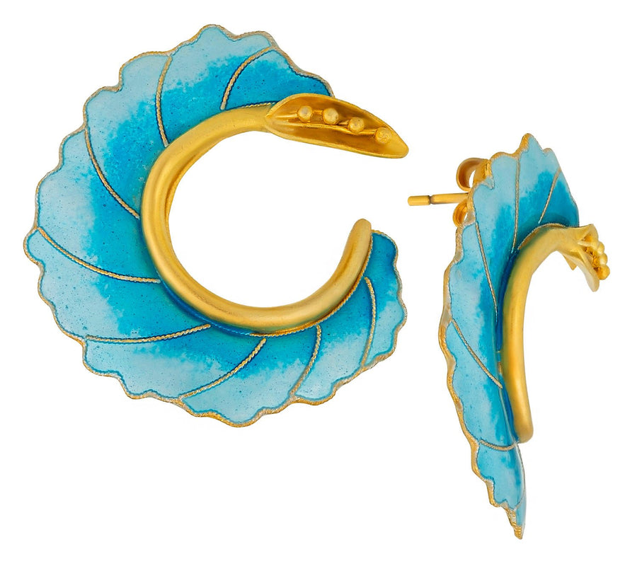 Vintage Laurel Inc Sky Blue Curled Flower Gold-Vermeil Earrings