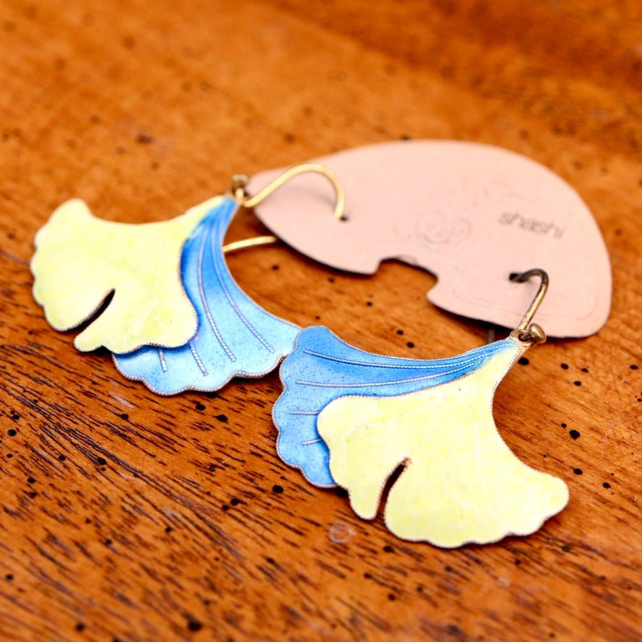 Vintage Shashi Blue and Yellow Gingko Leaf Earrings