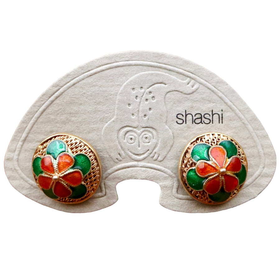 Vintage Shashi Orange and Green Flower Button Studs