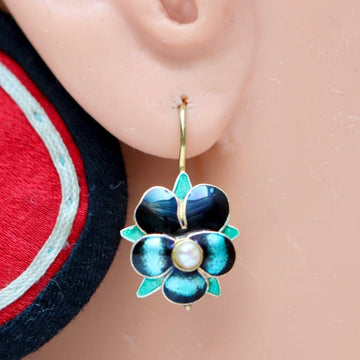 Vintage Shashi Pearl Passion Flower Enamel Earrings