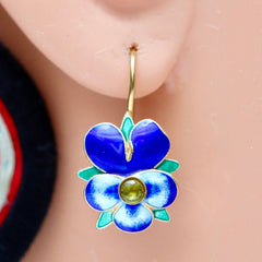 Vintage Shashi Peridot Passion Flower Blue Enamel Earrings