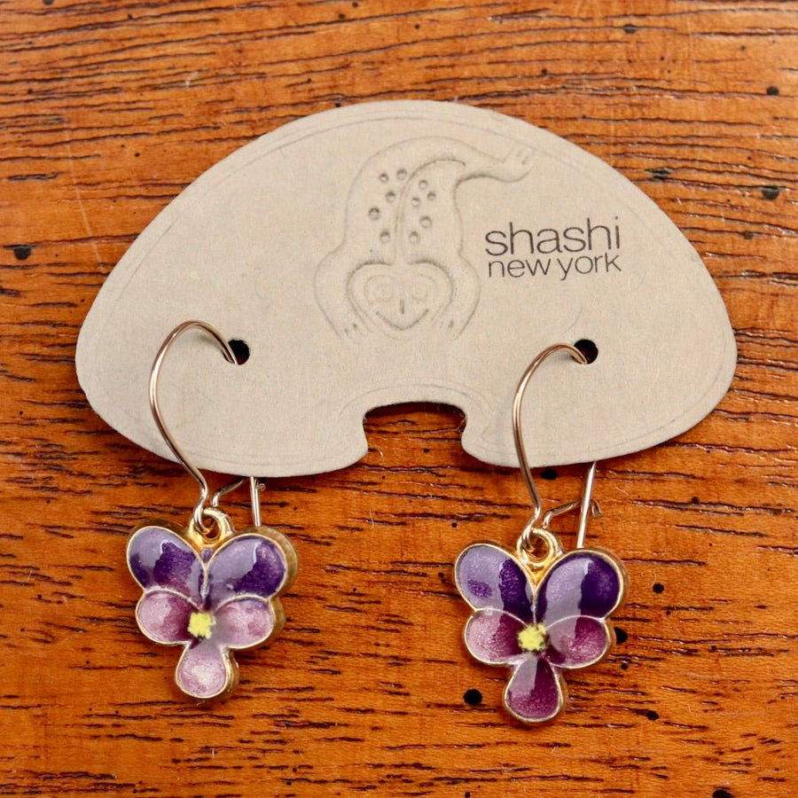 Vintage Shashi Purple Pansy Flower Earrings